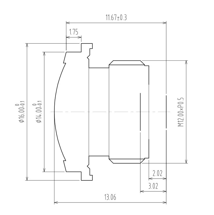 Disegno dell'obiettivo a 205 gradi