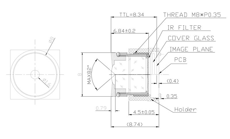 Disegno dell'obiettivo M8 da 4,6 mm