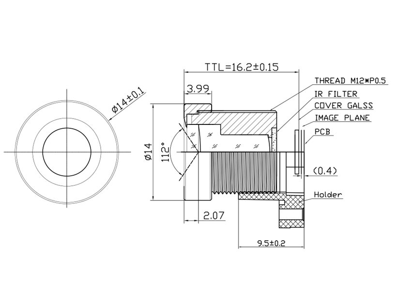 Disegno dell'obiettivo grandangolare da 1/4".